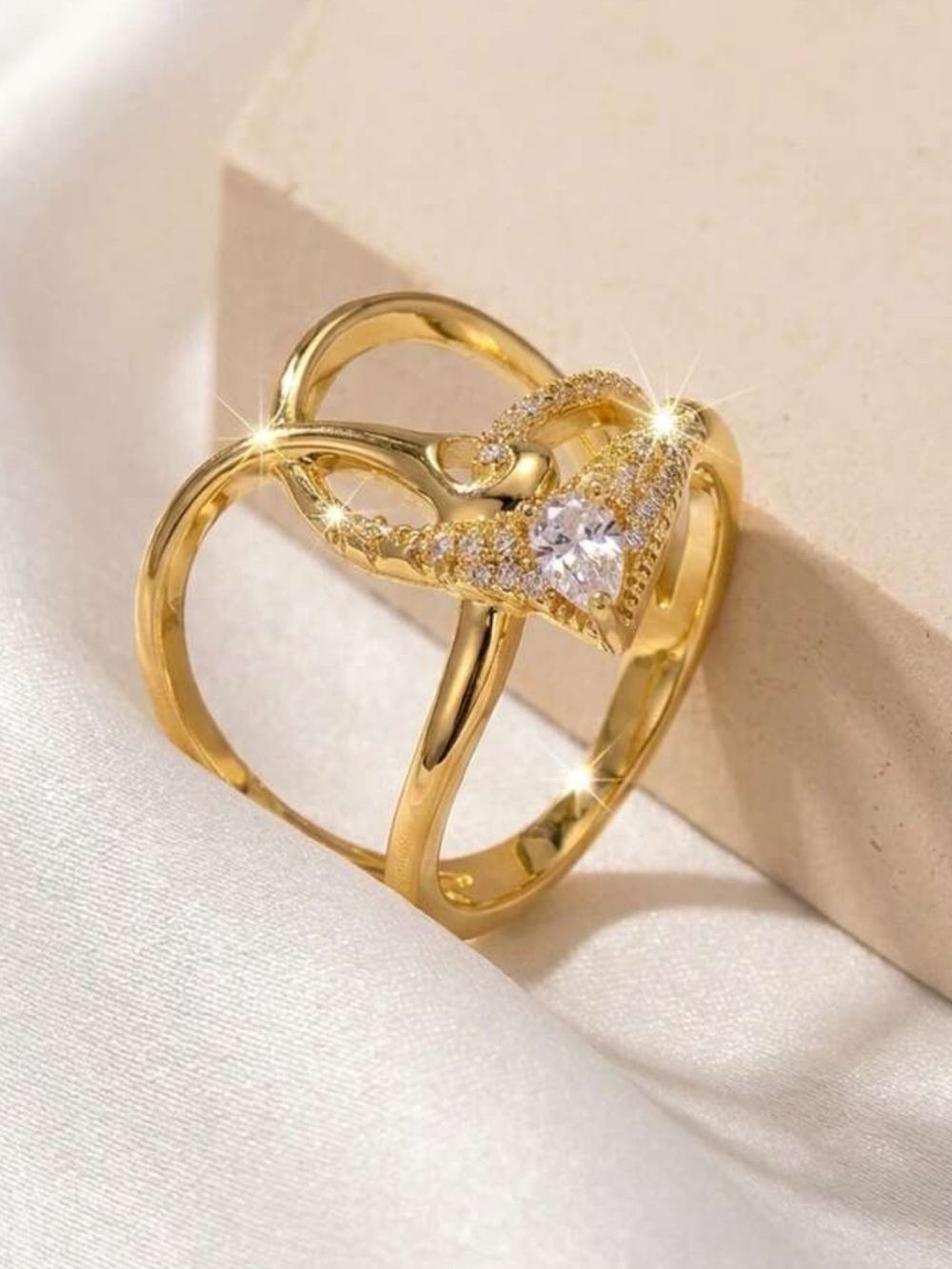 Golden Heart Solitaire Ring with Pave Accent